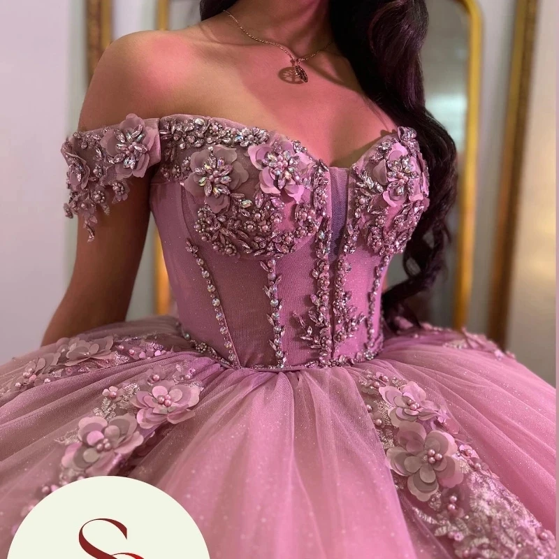 Pink Princess Shinning Crystal Corset Ball Gown Quinceanera Dresses Applique Lace Tull Princess Sweet 16 Dress vestidos de 15