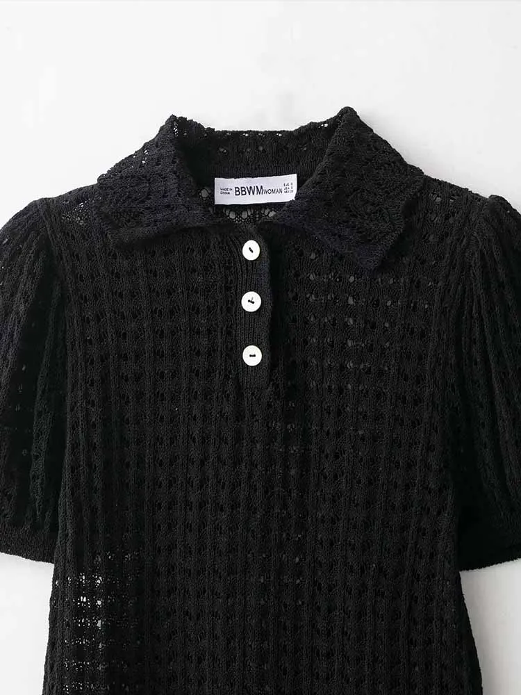 Europese en Amerikaanse stijl herfst nieuwe modetrend dameskleding holle gebreide polokraag top met korte mouwen