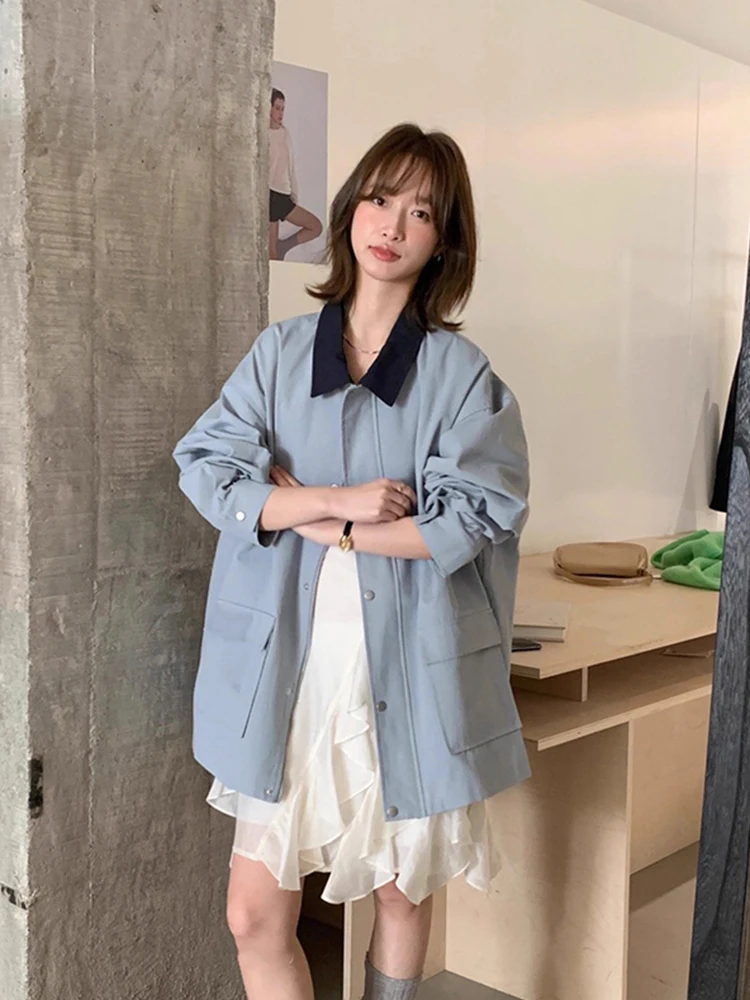 

Ветровка с свободным воротником Jaet, женское осеннее антивозрастное пальто с большим дизайном, повседневное длинное пальто средней длины на молнии све