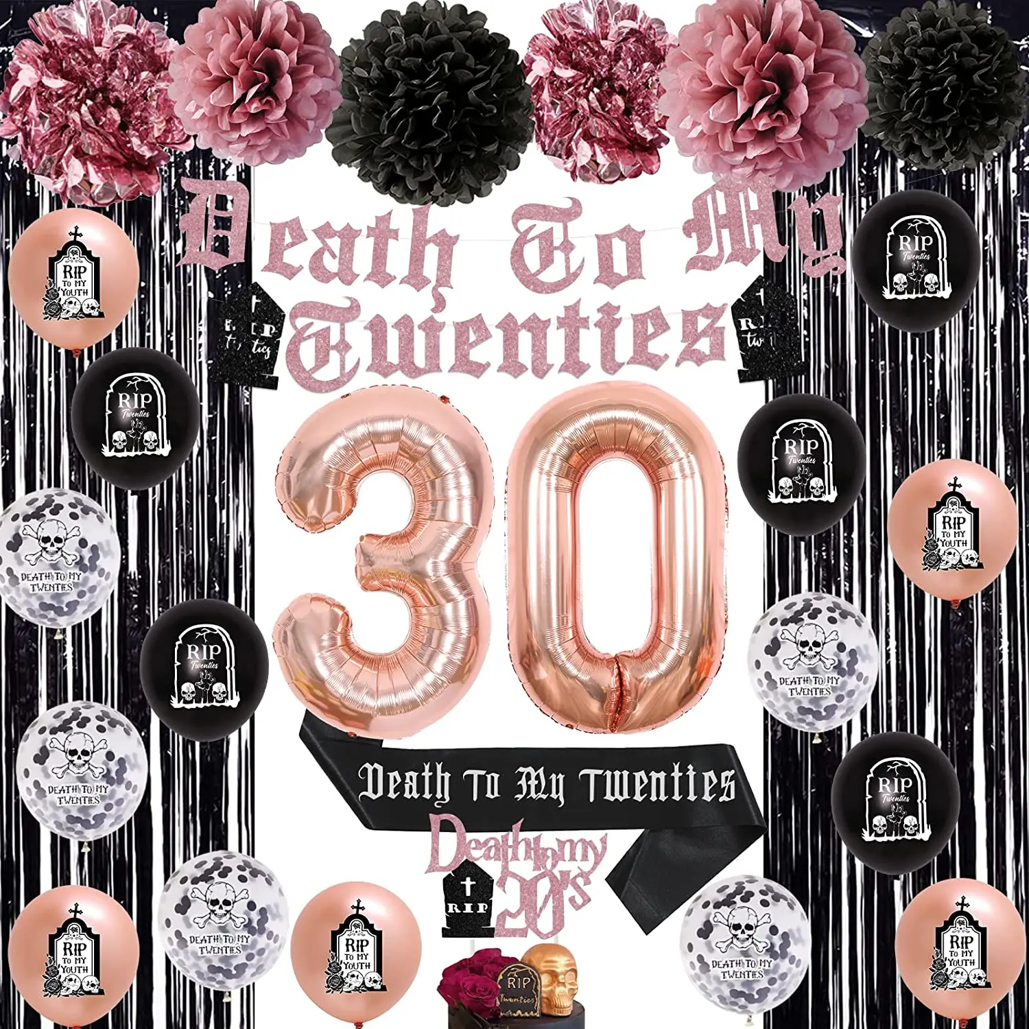 

Rip Twenties Birthday Decorations Women 30th Supplies Black Rose Gold Death to My Twenties Banner Sash Balloons Fringe Curtain