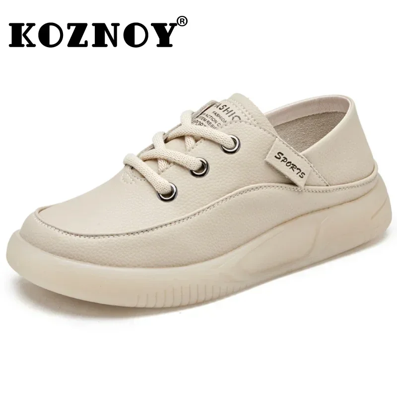 Koznoy 3.5cm Cow Genuine Leather Women Flats Fall Vulcanize Chunky Sneaker Loafer High Brand Platform Slippers Autumn Shoes