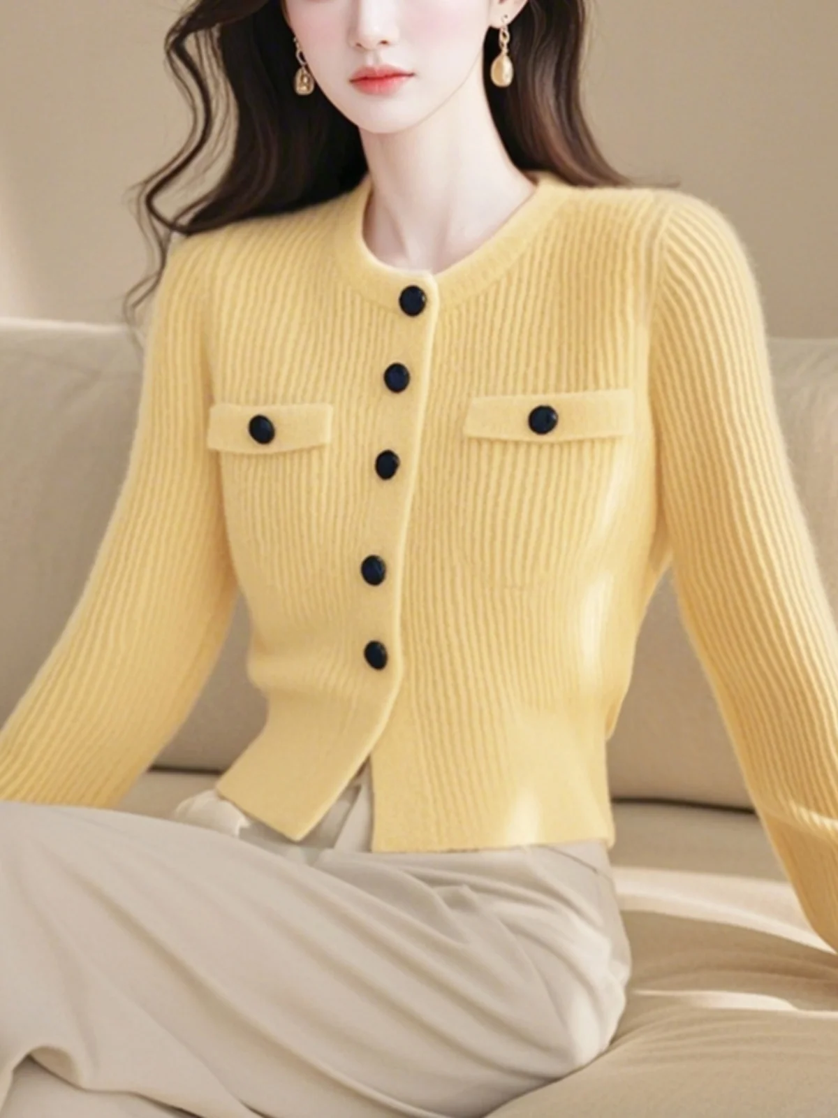 

Ele Yellow round Ne Long Sve Knitted Open Cardigan Women's Autumn Sle Unique Lazy Faion Quali Top