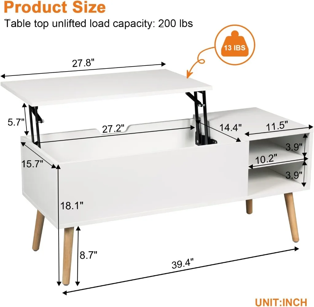 طاولة قهوة بيضاء مع سطح رفع ومقصورة إخفاء ، تخزين مستطيلي ، غرفة معيشة
