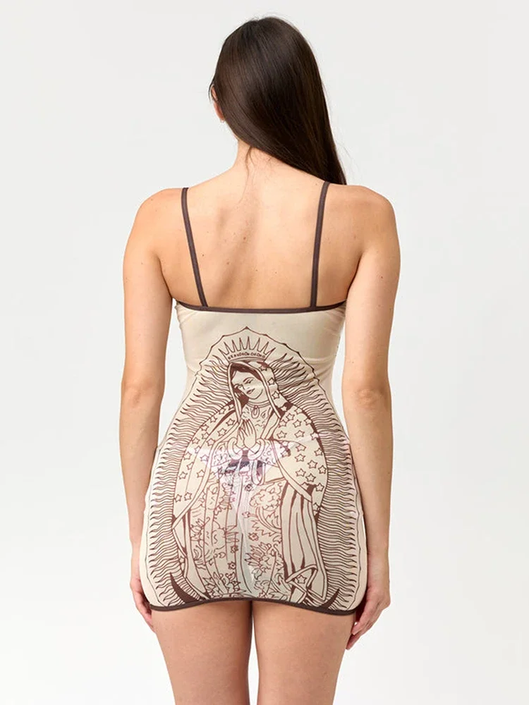 Abito sexy con stampa floreale da donna trasparente con scollo basso sexy estivo Midnight Club Party Trend Coquette Slim Mini aderente