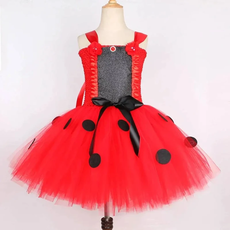 Sparkly Ladybug Themed Tutu Dress for Girls with Wings-Cute Insect Fairy Outfit for Halloween Carnival Cosplay&Dress-Up Parties