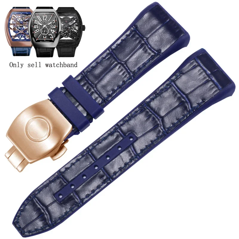 28mm High Quality Nylon Genuine Leather Silicone Watchband Black Blue Folding Buckle Watch Strap For Franck Muller V45 Series