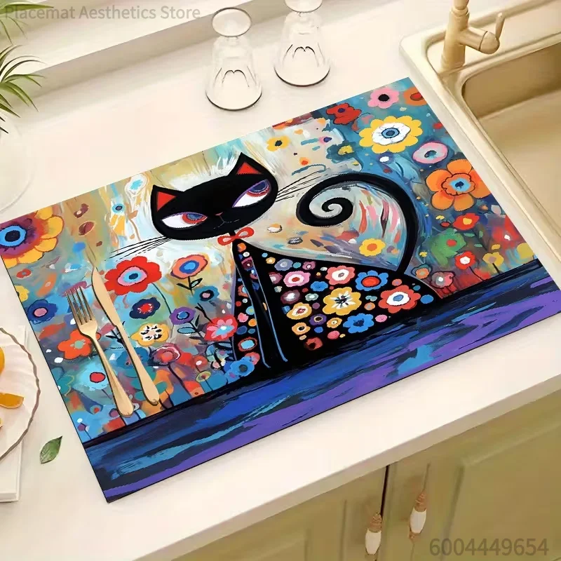 Cat Print Drying Pad with Playful Black Cat Design on A Light Blue Modern Kitchen Use Countertop Protection Kitchen Accessories
