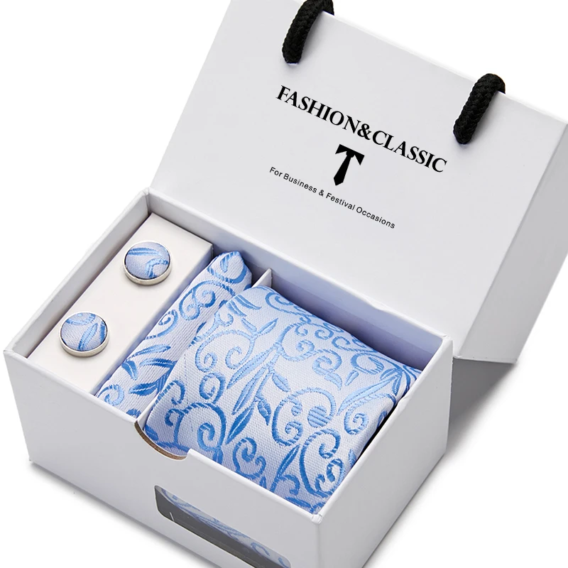 Hochwertiges 7,5 cm schwarzes, solides Herren-Krawatten-Taschentuch-Manschettenknöpfe-Set für Männer, Hochzeitskrawatten, Gravatas in Geschenkbox – Detail 20