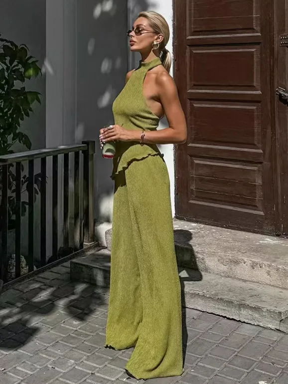 Conjunto de Top y pantalones Sexy para mujer, pantalones de pierna ancha, vestido de Neline con dobladillo doblado, traje de dos piezas redondo Ne
