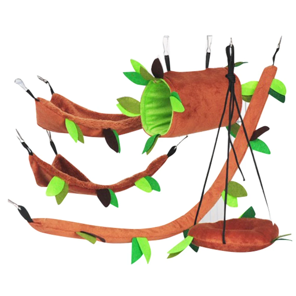 

5Pcs Sugar Glider Hanging Cage Accessories Set Leaf Wood Design Small Animal Hammock Channel Ropeway Swing