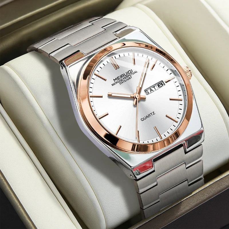 A handsome men's rose white sports style watch with a Sunday calendar bar, nail scale, quartz watch