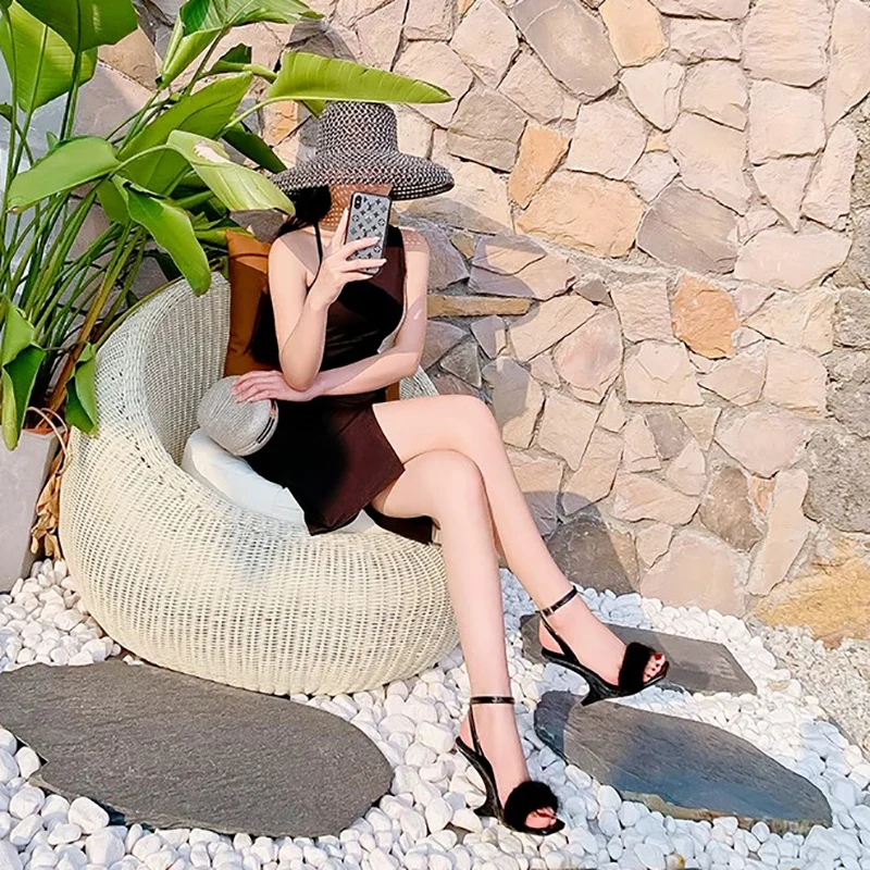 New Mink Fur Sandals For Women Ankle Strap High Heels Party Shoes Women Fashion Ladies Shoes Zapatos De Mujer Sapato Feminine