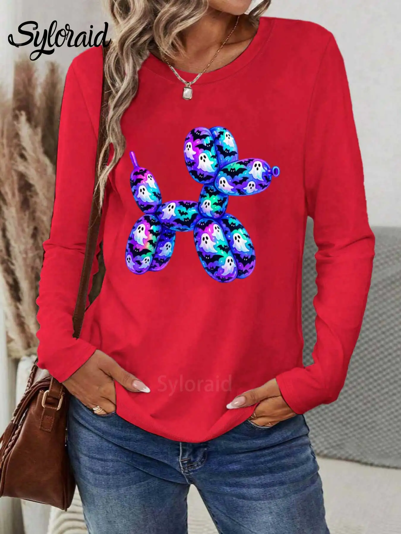 المرأة طويلة الأكمام تي شيرت هالوين بالون الكلب تي شيرت الكلب هالوين قميص أزياء جولة الرقبة عارضة أعلى #3