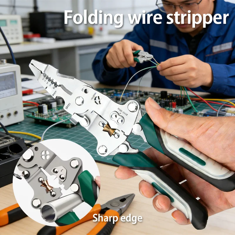 

Foldable wire stripper, pulley design multi-function electrician wire splitter wire winding pliers crimping pliers hand tool