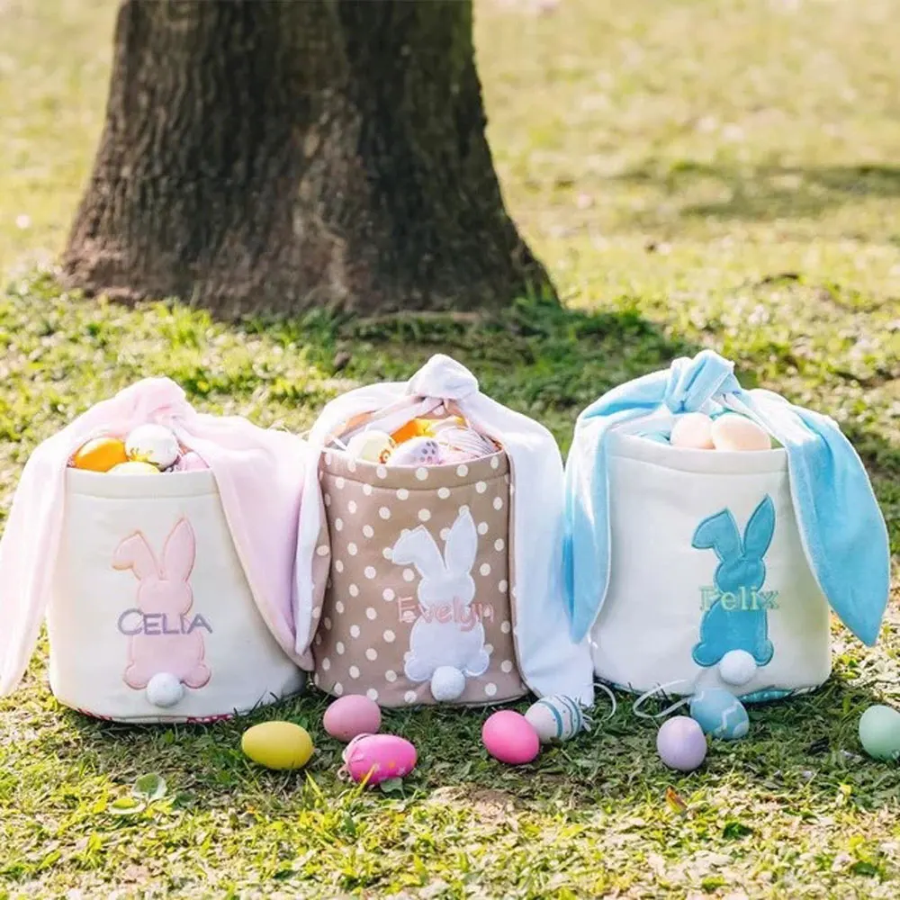 2025 Custom Name Cute Portable Tote Bag Carrying Personalized Easter Basket Pink Bunny Style For Children Storage Colorful Eggs