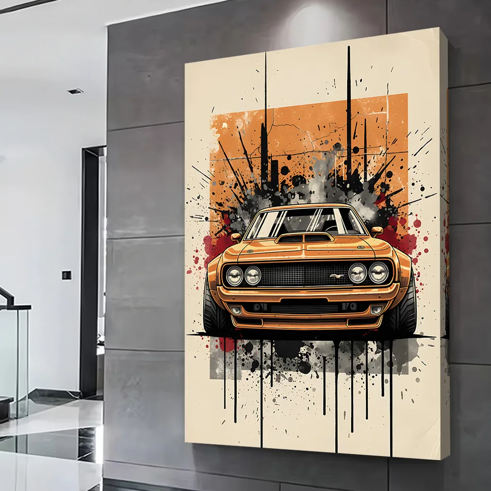 Orange Classic Car With Splatter Poster Customizable Printed Canvas Painting Wall Art Gift for Home Decor Luxury Decoration Room