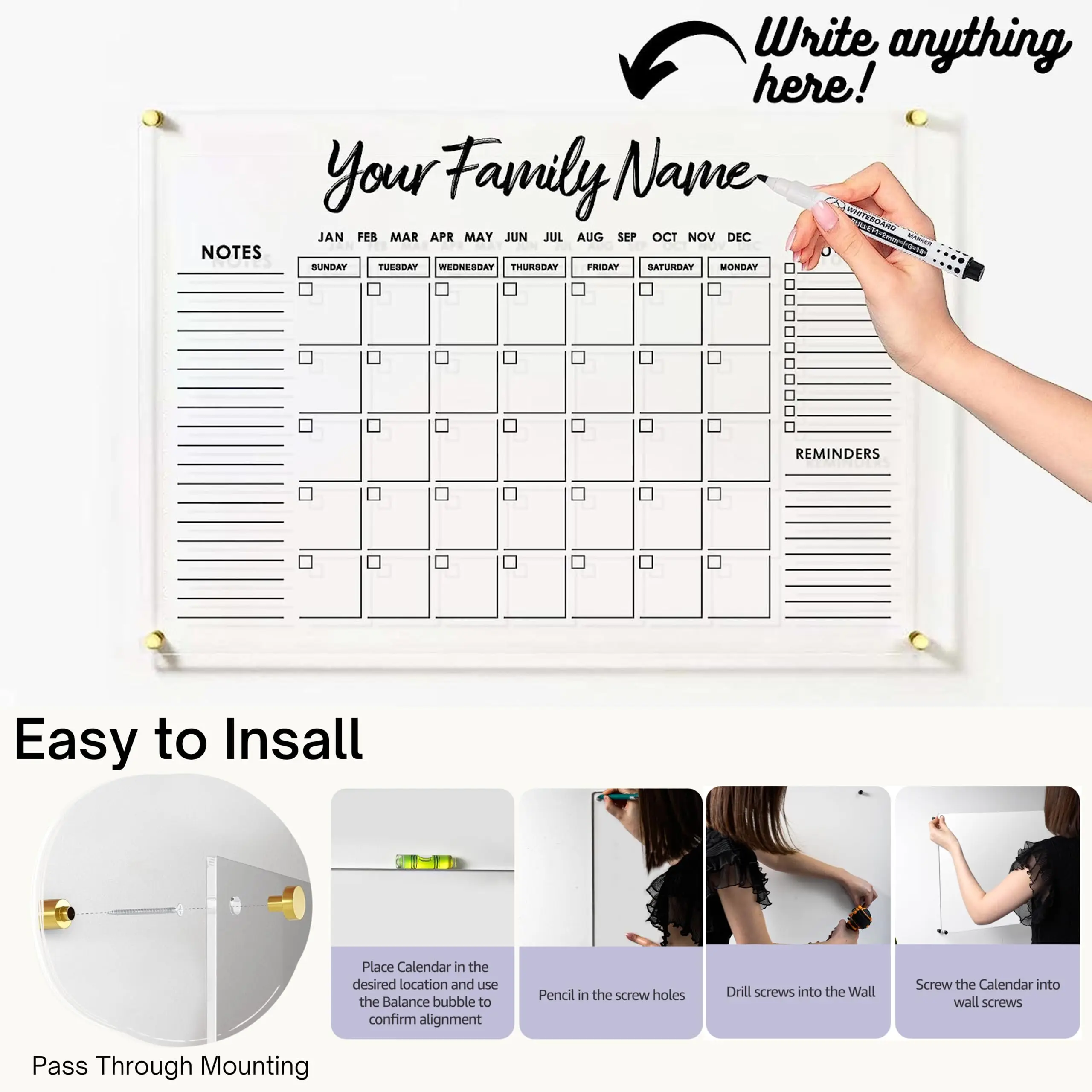 Oversize Premium Acrylic Calendar for Wall | Ultra-Thick Clear Dry & Erase Board | Large 28