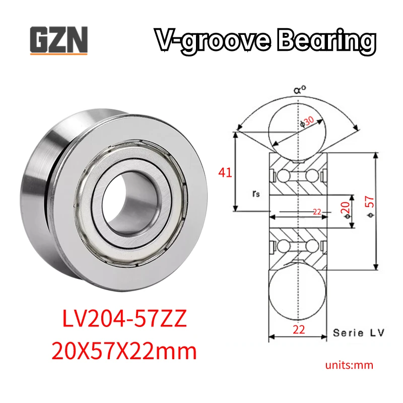 1 szt. V-groove Rail Roller serii LV łożysko LV204-57 ZZ średnica wewnętrzna 20mm średnica zewnętrzna 57mm wysokość 22mm