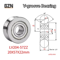 1 szt. V-groove Rail Roller serii LV łożysko LV204-57 ZZ średnica wewnętrzna 20mm średnica zewnętrzna 57mm wysokość 22mm