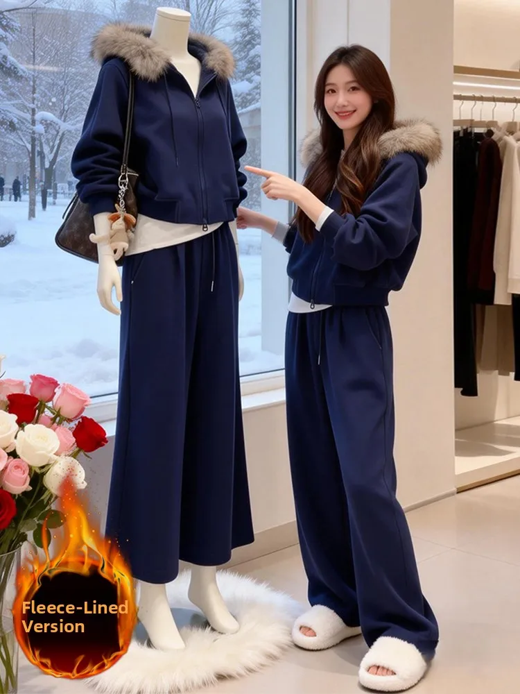 

Winter Warm Women's Fleece Lined Jacket And High Waist Wide Leg Pants Two Piece Set Korean Style Casual Sportswear