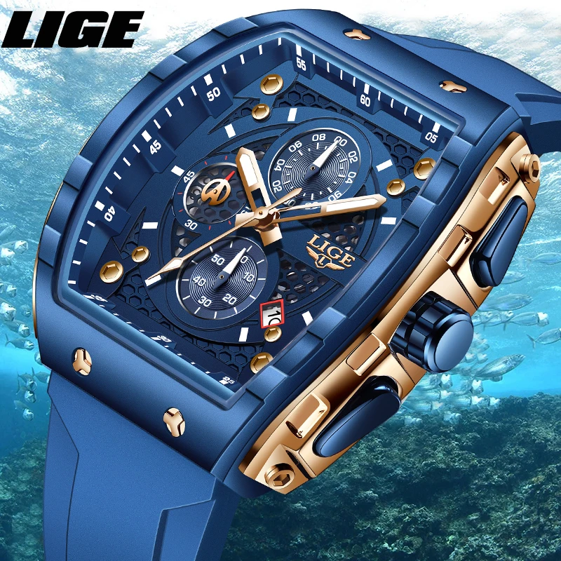 LIGE-Montre de dehors à Quartz pour Homme, Accessoire de Luxe, Carré, Décontracté, Étanche à 50m, Chronographe en Silicone, Date existent