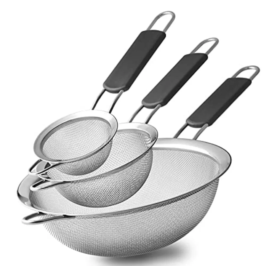 Stainless Steel Fine Mesh Strainers, Set of 3 Sizes Strainer for Kitchen, Wire Sieve with Insulated Handle Kitchen Strainer, Ba