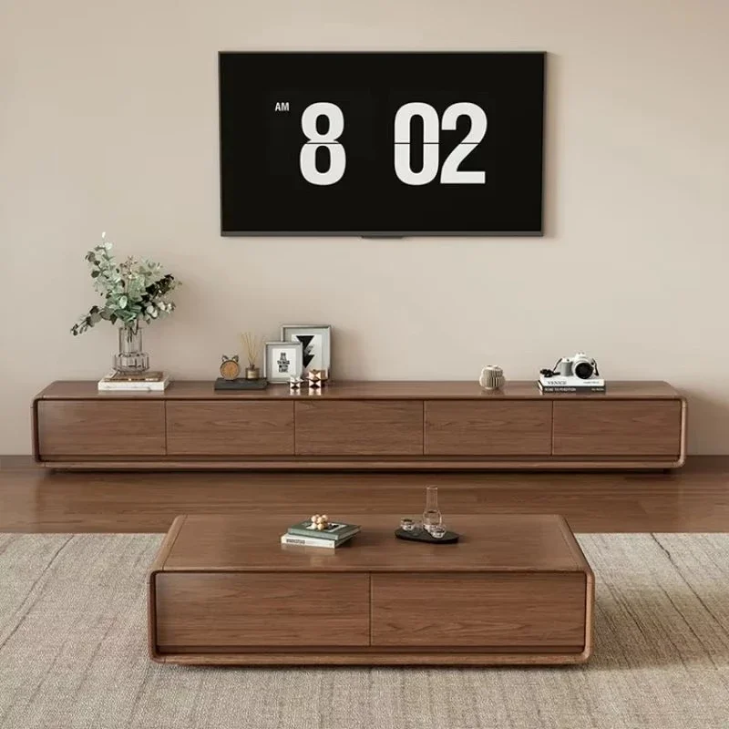 All-in-one TV console coffee table combination for slim wall-mounted units in modern compact homes with minimalist