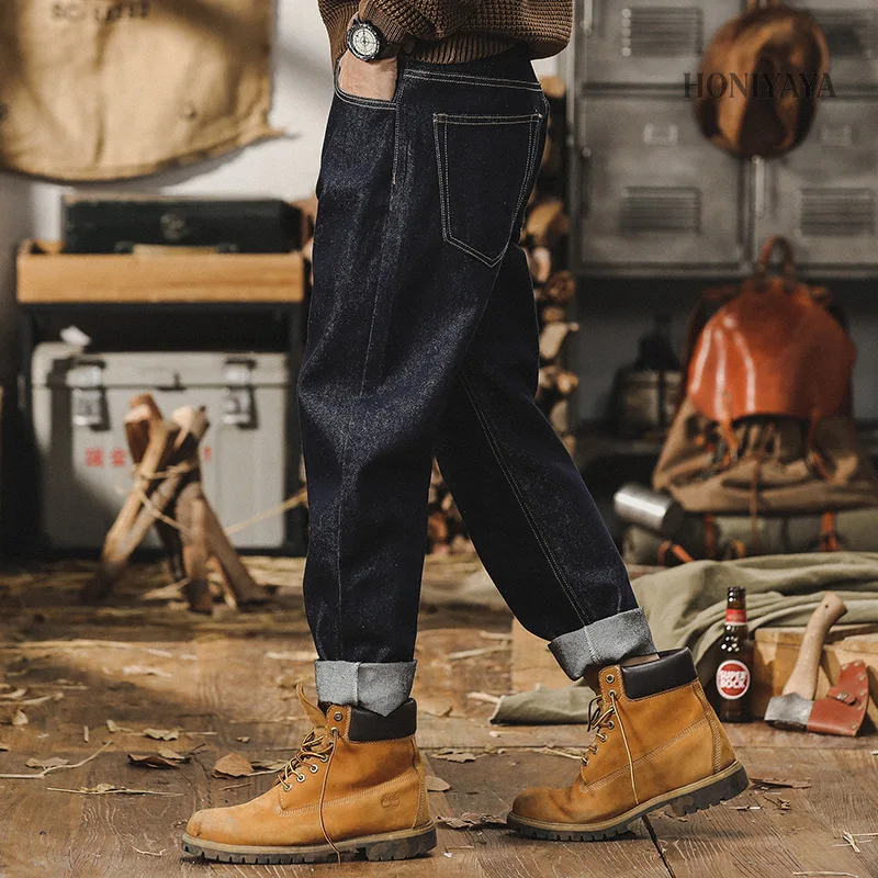 

Мужские джинсы прямого кроя из необработанного денима, классические синие, повседневные, в винтажном стиле