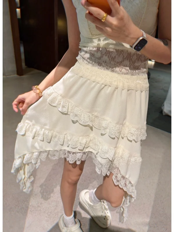 

plus Size Lace Asymmetrical Skirt High Waist A-Line Silhouette Polyester Fiber Elastic Waist Lazy Style Women's Fashion