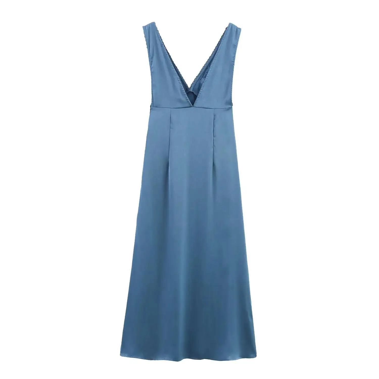 Vestido longo feminino bordado floral com decote em V sem mangas verão azul vestidos casuais