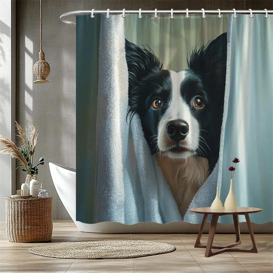 

Занавеска для душа с изображением милой собачки, реалистичный дизайн в стиле анималистической живописи для уютного декора ванной комнаты, с крючками, простой в уходе.
