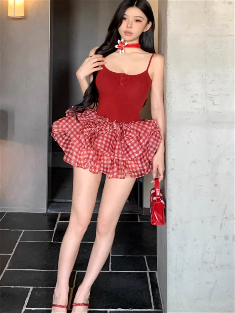 American Style Spicy Girl Red 2 Piece Dress Sets Summer Fashion Matching 2pc Short Camis Top&Plaid Organza Puffy Mini Bud Skirt