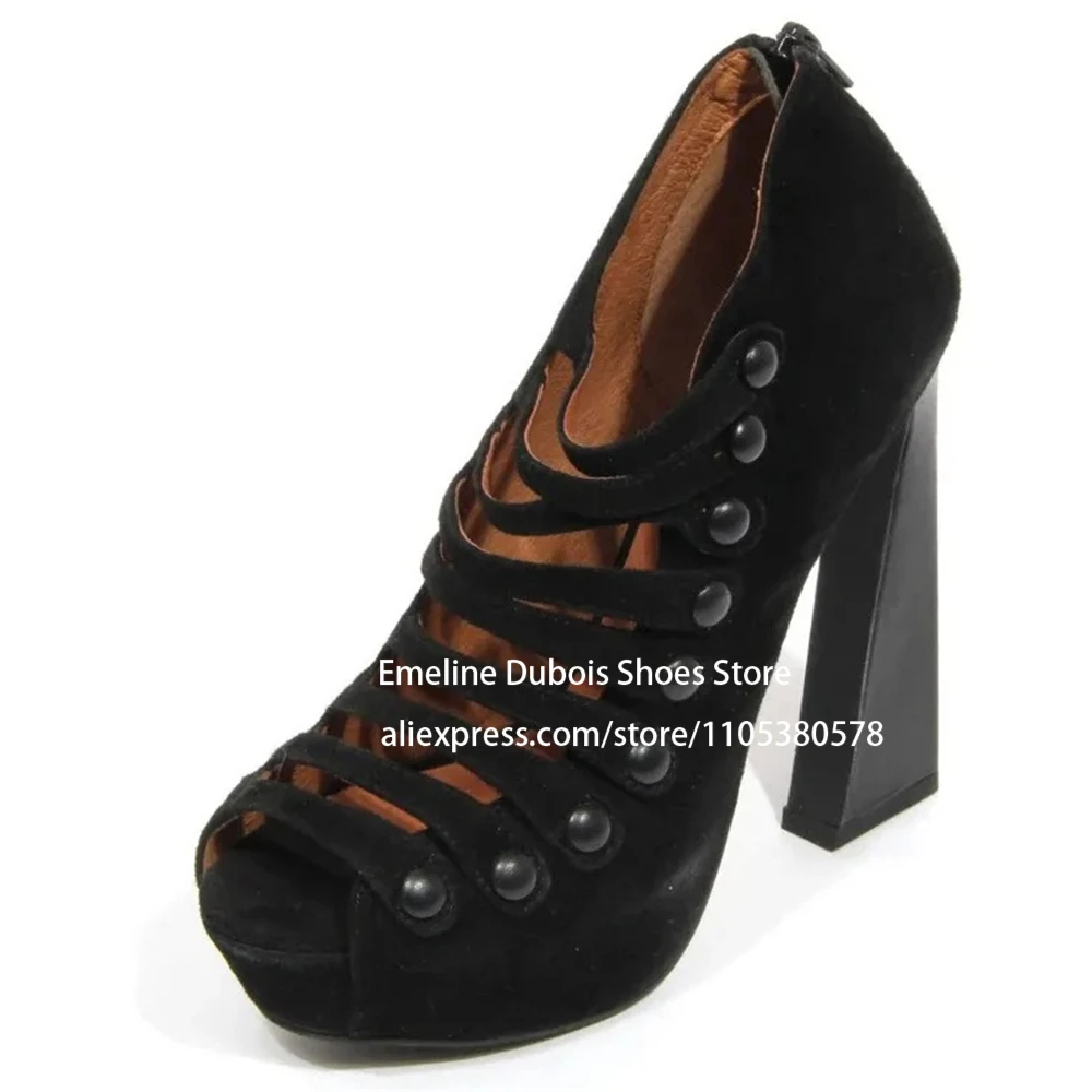 Suede Button Cage Strappy Platform Irrgular Heel Pumps Peep Toe Back Zip High Heel Pumps Street Fashion Dress Shoes for Women