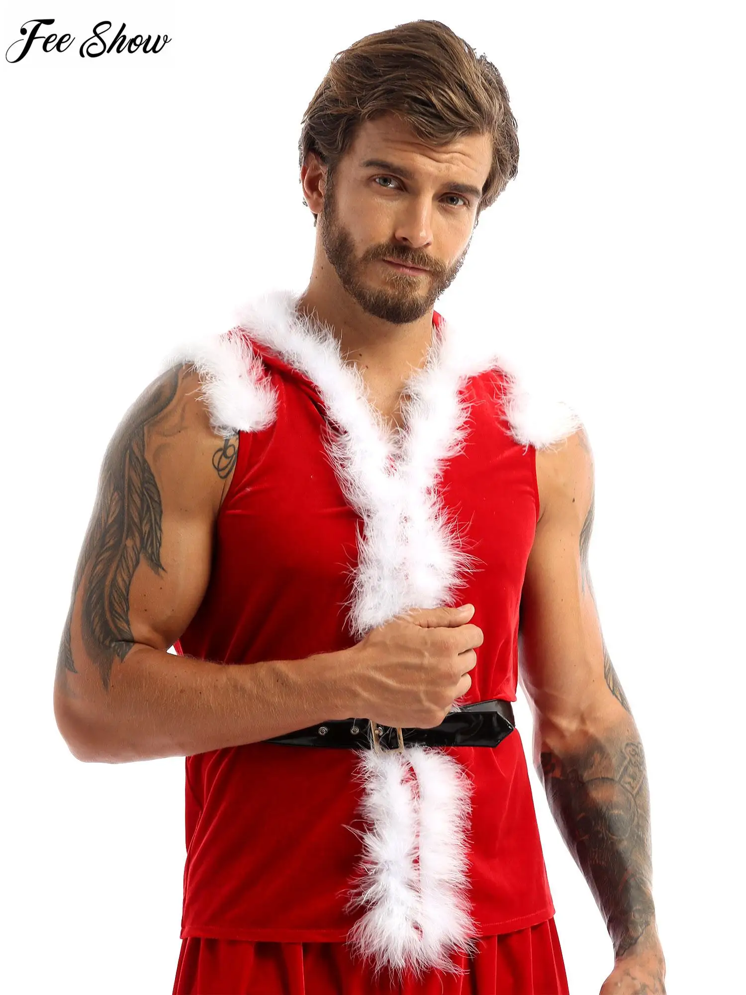 

Men Christmas Derss Up Santa Cosplay Costume Velvet Hooded Coat Sleeveless Faux Fur Trimming Jacket with Leather Waistband