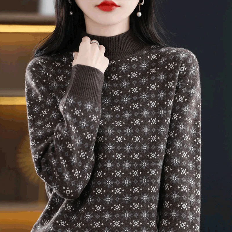 

2025 Autumn Winter New Fashion Semi High Neck Women Casual Knitted Pullover Sweater Simple Printed Female Base Sweater