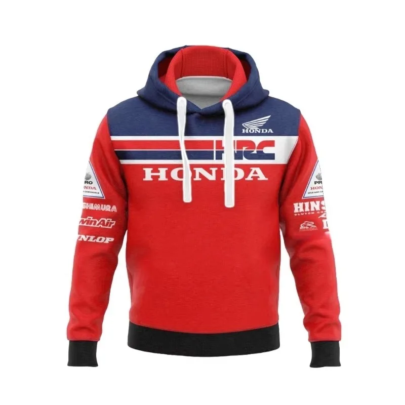 

Мужская толстовка с графическим принтом Honda HRC 2026, красно-синяя, для мотогонок, уличная одежда, дышащая, спортивная, с принтом нескольких логотипов