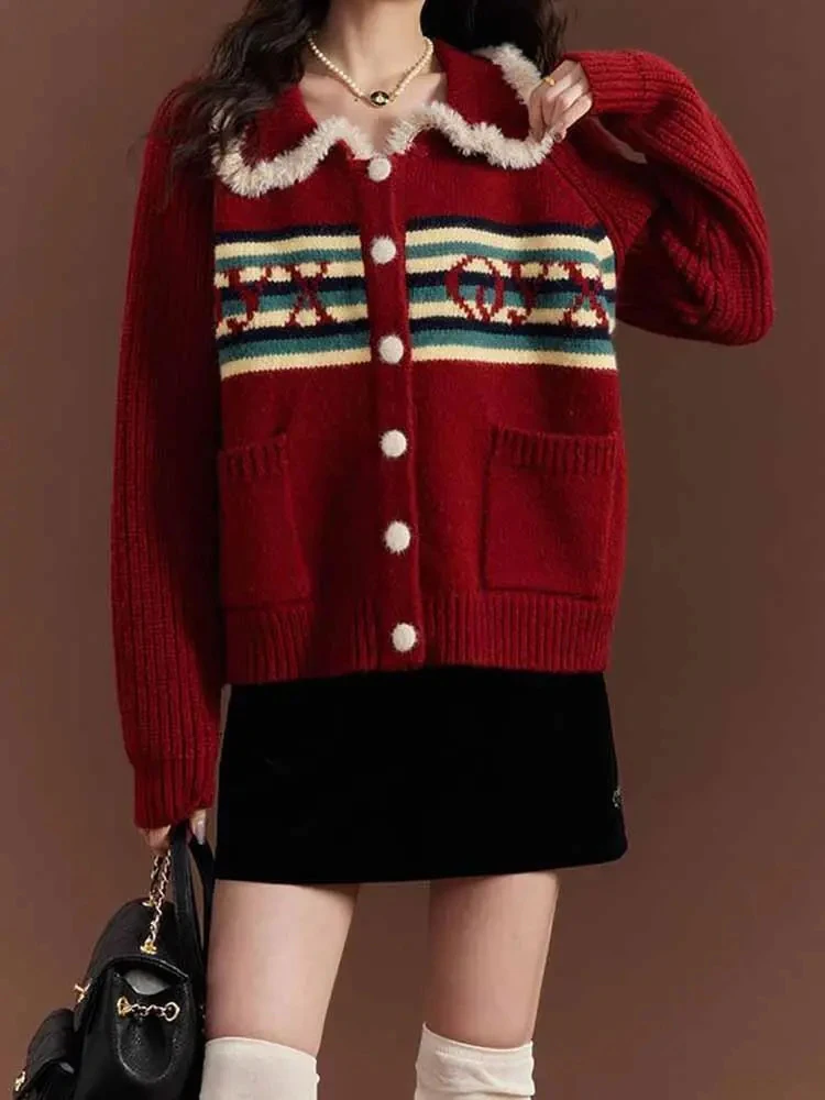 Rood Retro Gebreid Vest Zoet Gestreept Vrouwen Herfst Luie Wind Slim Fit Truien Peter Pan Kraag Knop Kawaii Casual Nieuwe Tops