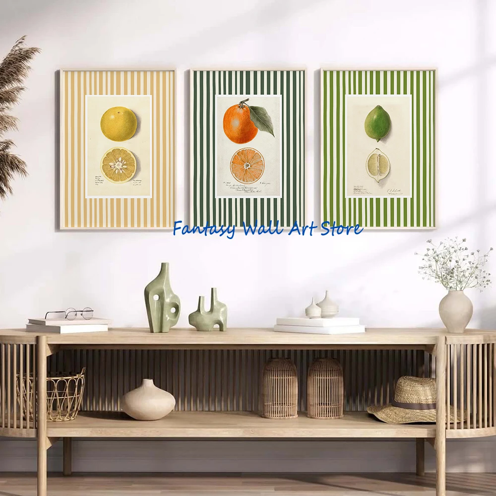 Vintage Orange Fruit Poster Farmhouse Kitchen Decor Painting Lemon Peach Pear Apple Mid Century Modern Aesthetic Canvas Prints
