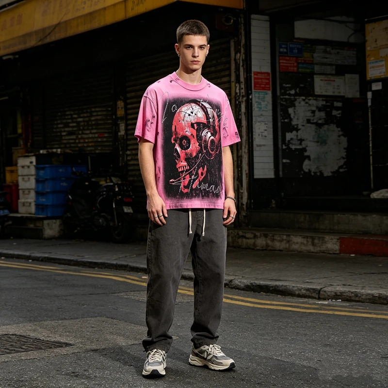 Herren T-Shirt mit Grafik-Print, Lustiges Strass-Oberteil, Übergroßes Y2K Streetwear Cyberpunk Waschbaumwoll-T-Shirt, Retro Skate Street Outfit für den Sommer – Detail 5
