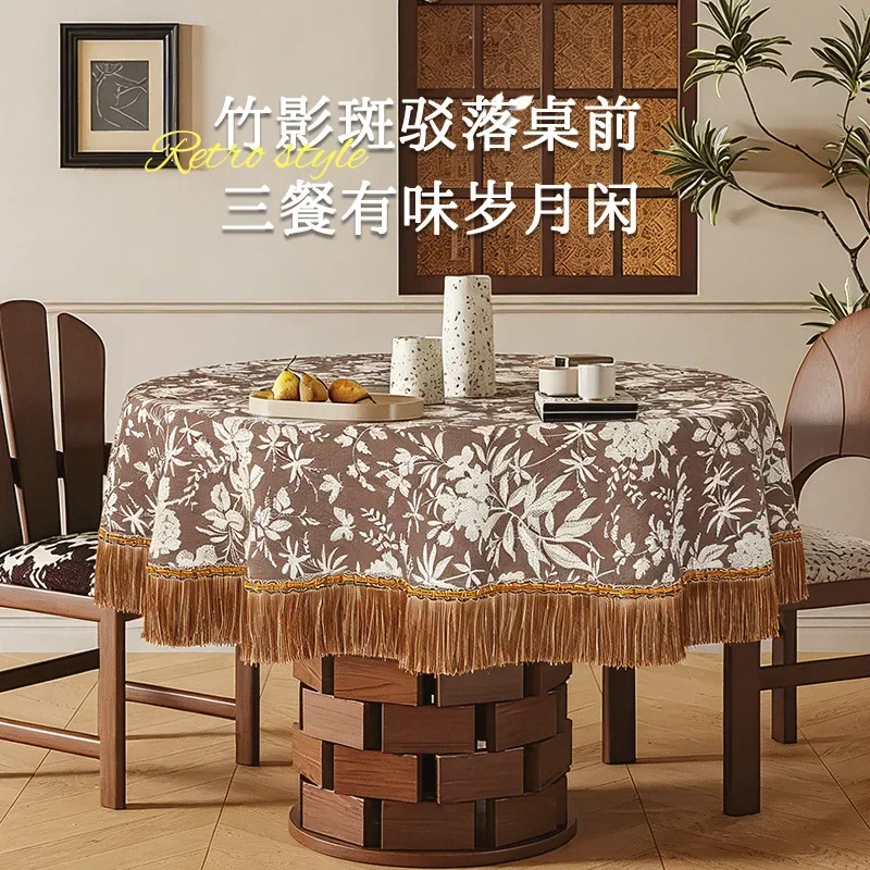 Dustproof Vintage Floral Jacquard Round Tablecloth with Tassels Retro Washable Dining Table Cloth Thicken Table Protect Cover