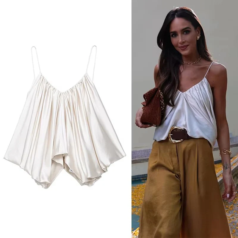 New Slip Tops Fashion Satin Elegant Crop Top Woman 2025 Sleeveless Thin Straps Short Tops For Women Backless Sexy Party Top