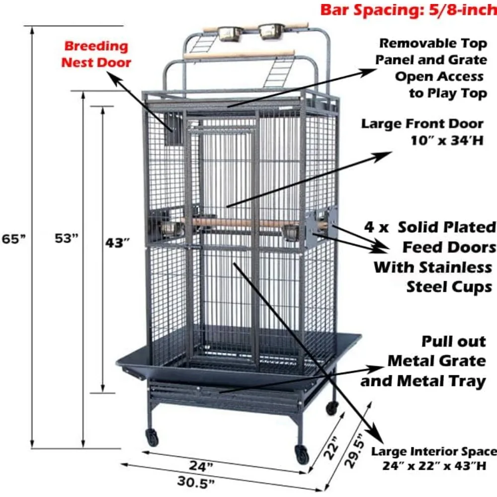 Large Elegant and Durable Wrought Iron Double Ladders Open Play Top Bird Parrot Rolling Cage Large Interior Space Stainless Feed