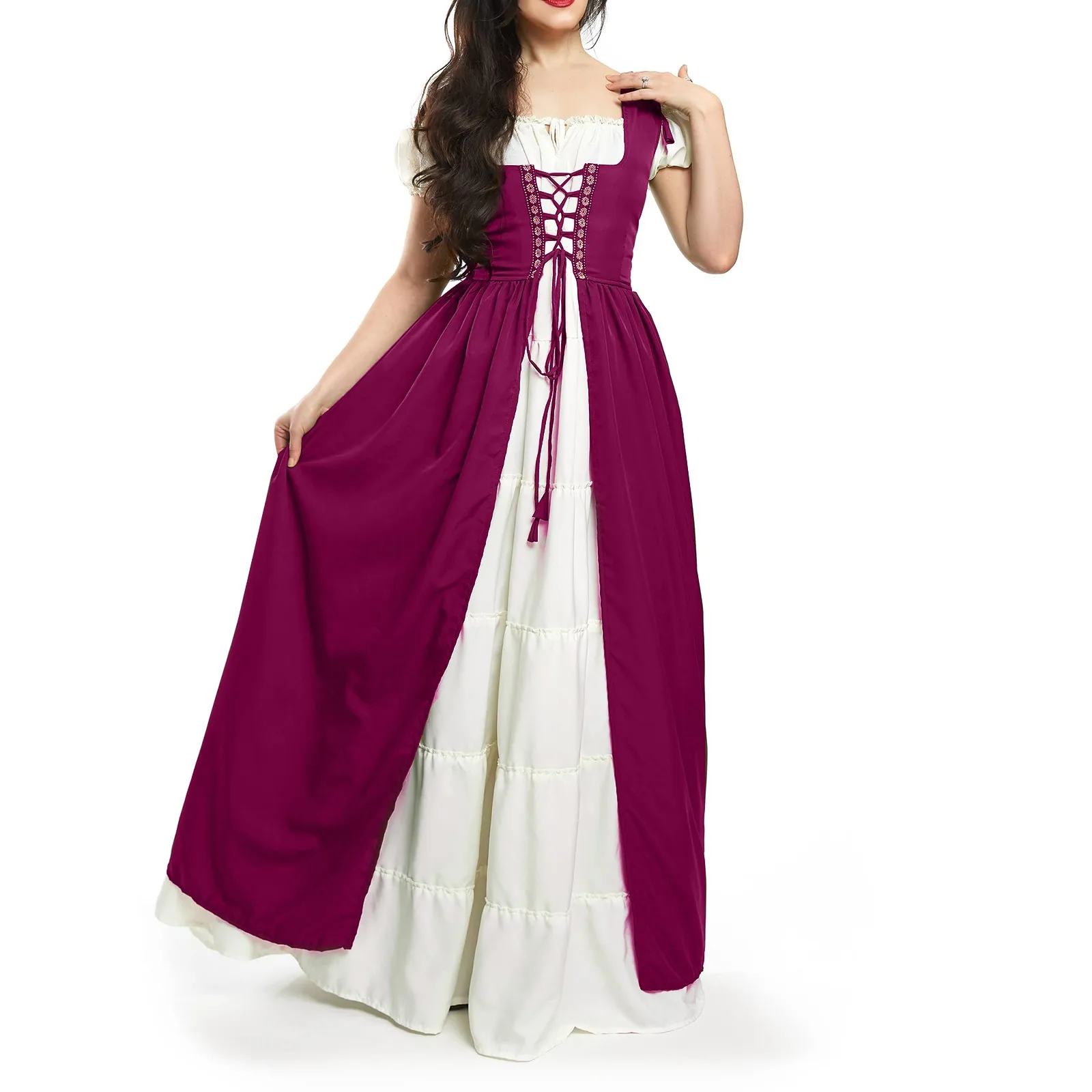 Cosplay Medieval Renaissance Costume Over Suit Dress Victoria Princess Solid Color Square Collar Two-piece Patchwork Long Dress