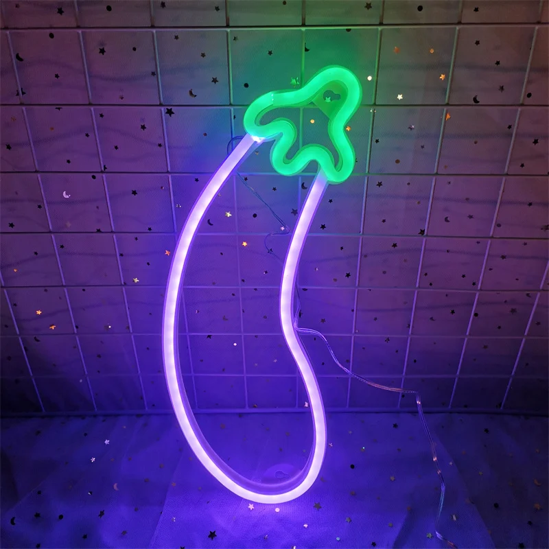 LED Eggplant Neon Sign Light for Bar KTV Snack Shop Decor Juice Letter Apple Fruilt Neon Lamp Christmas Wall Decor Birthday Home