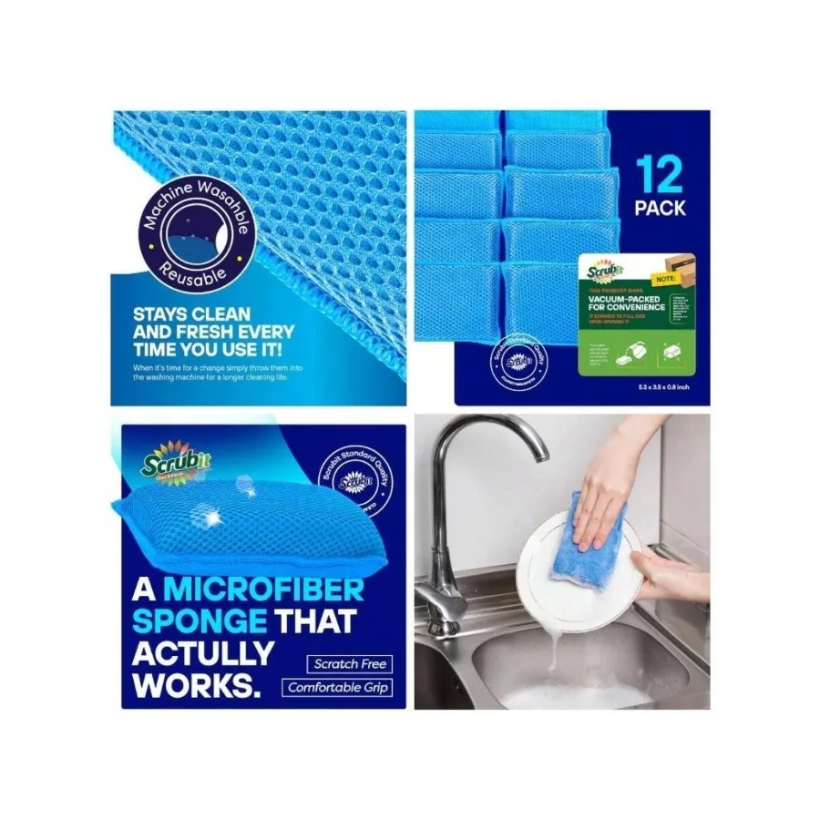 

【New style】Reusable Sponges Dishes - 12 Pack Microfiber Sponges Kitchen Dish Scrubber, Washable Non - Scratch Scrubbers Blue