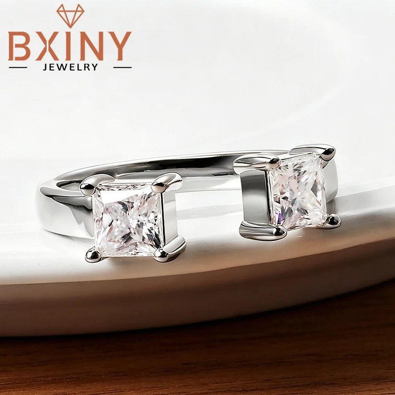 BXINY 2-Stone Princess Cut Moissanite Ring for Women S925 Silver Adjustable Open Band Fine Jewelry Engagement Gift GRA Certified