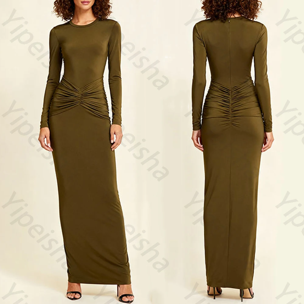 

Elegant O-Neck Long Sleeves Evening Dresses Elegant Sexy Pleat Celebrity Dress Exquisite High Quality Prom Party Gown Customized