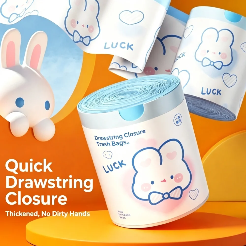 Cute Blue Heart Rabbit Printed Drawstring Trash Bags, Thickened Portable Handheld Garbage Bags for Home Kitchen, 100 Counts