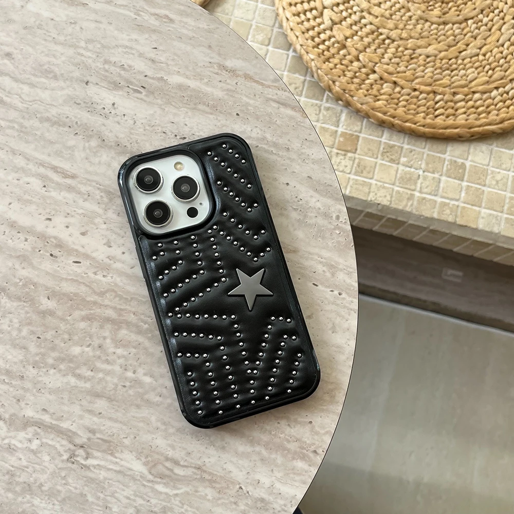 Modische Handyhülle mit silbernen Nieten und fünfzackigem Stern aus Leder, stoßfest, für iPhone 18 17 16 15 14 Pro Max 13, Schutzhülle – Detail 2