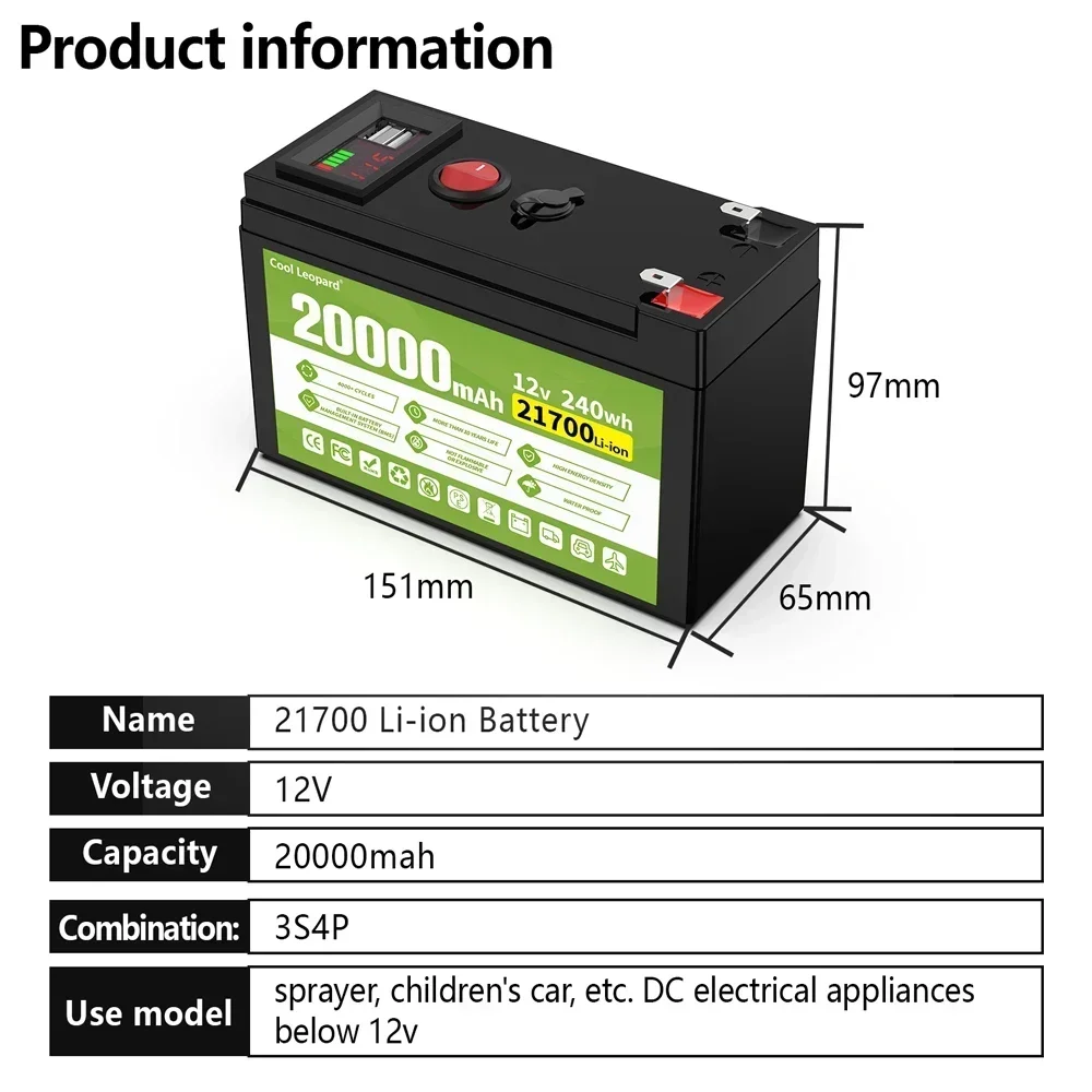 12V 35Ah 21700 New Lithium Battery Pack Built-in High Current BMS For Solar Boat Electric Vehicle Batterie+12.6V Charger